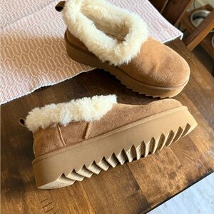 UGG Tan Women's Furry Slip-On Slippers